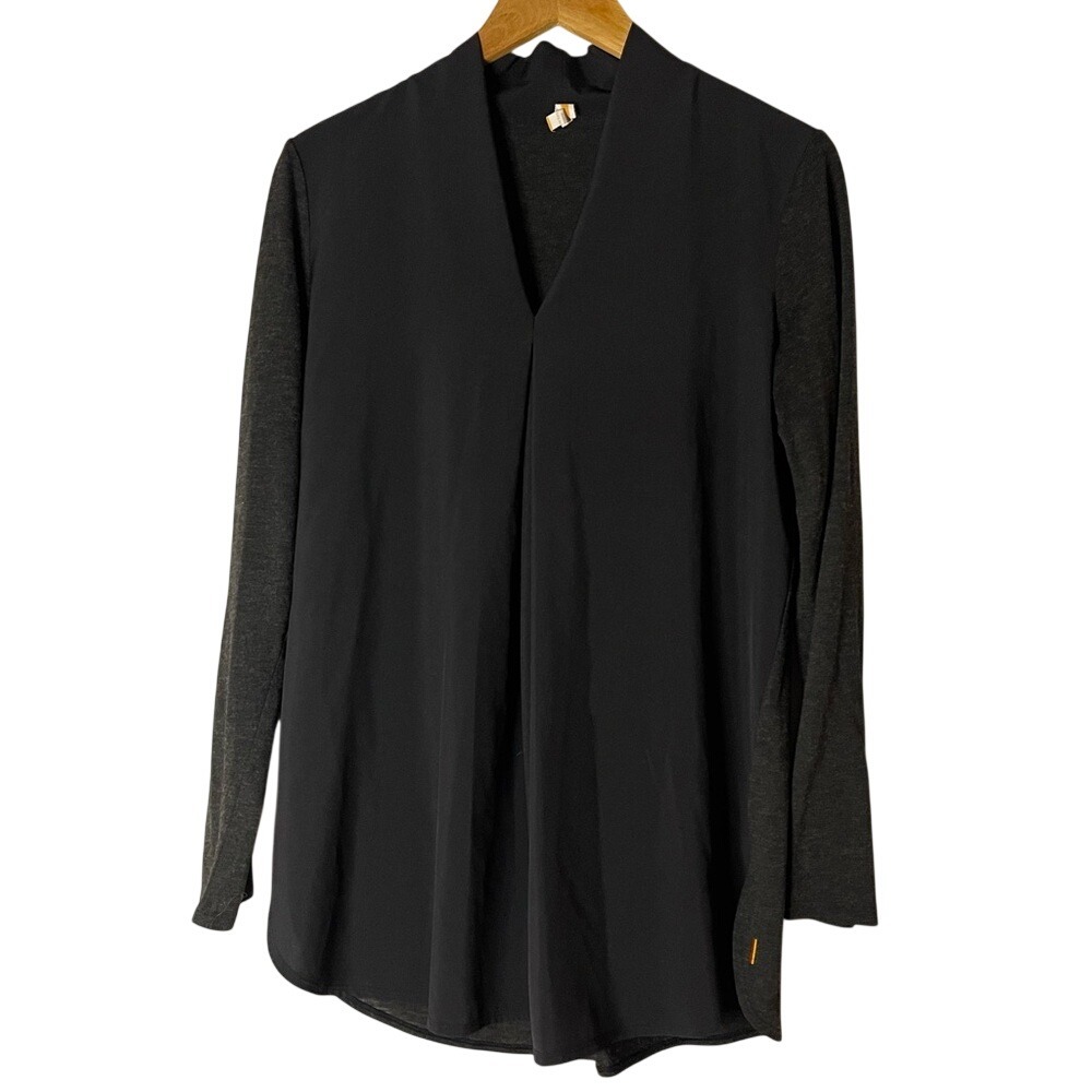 Lucy Womens Black Mixed Media‎ V-Neck Long Sleeve Pleated Tunic Top Size M
